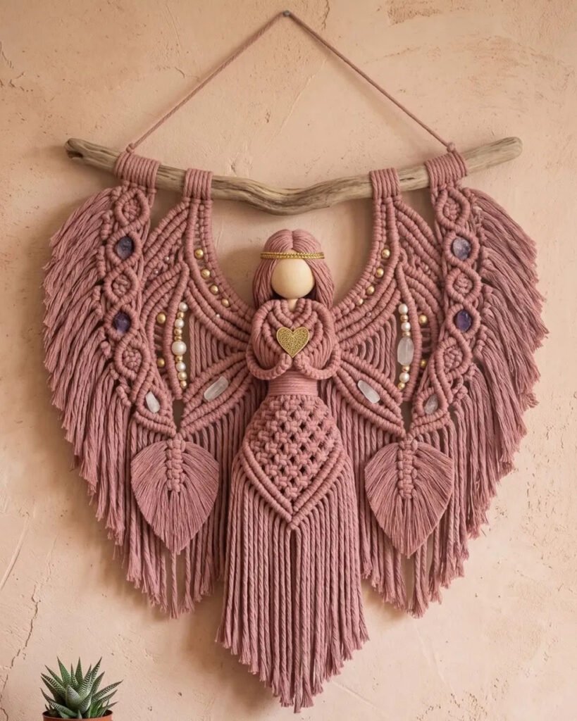 Finished dusty rose angel macramé wall hanging pattern on driftwood with wings and flowing skirt