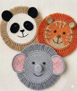 Three finished animal coaster macramé pattern pieces: panda, lion, and elephant with fringe halos
