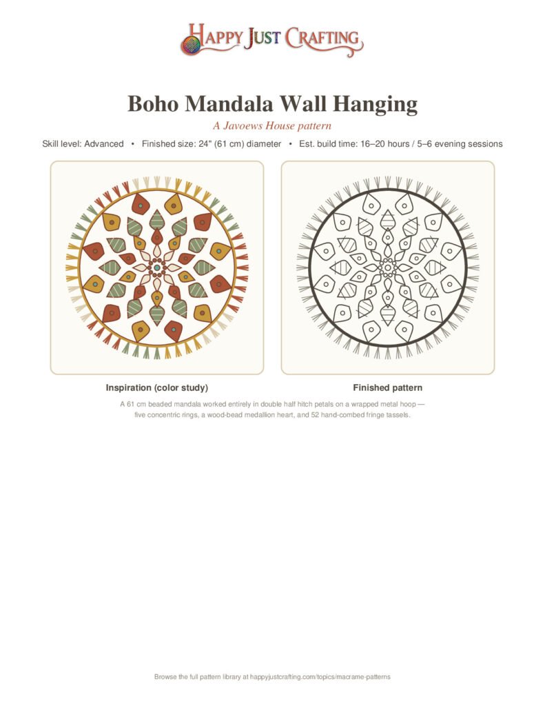 Finished boho mandala macramé pattern with concentric rings and fringe tassels