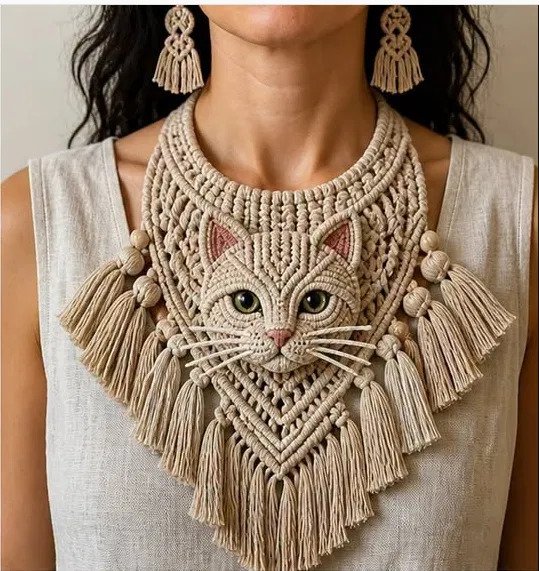 Finished cat face bib collar macramé pattern with woven feline medallion and tassel earrings