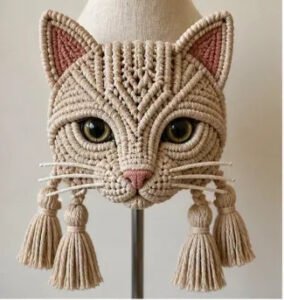 Finished cat face macramé wall hanging with green eyes and tassels