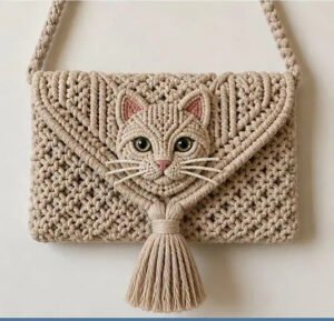 Finished cat purse macramé pattern with tassel and strap