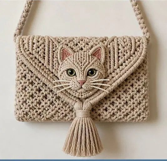 Finished cat purse macramé pattern with tassel and strap