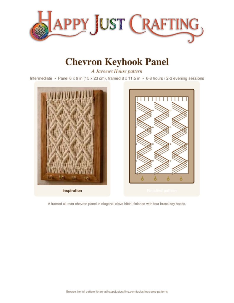 Finished chevron keyhook macramé pattern in walnut frame with brass hooks