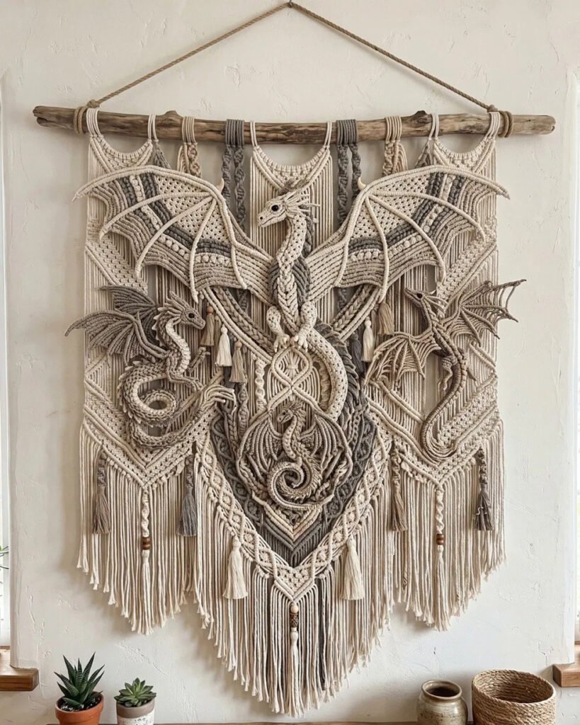 Finished dragon wall hanging macramé pattern featuring four dragons with spread wings and layered fringe