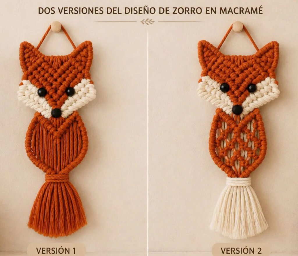 Finished fox bookmark macramé pattern in rust and cream