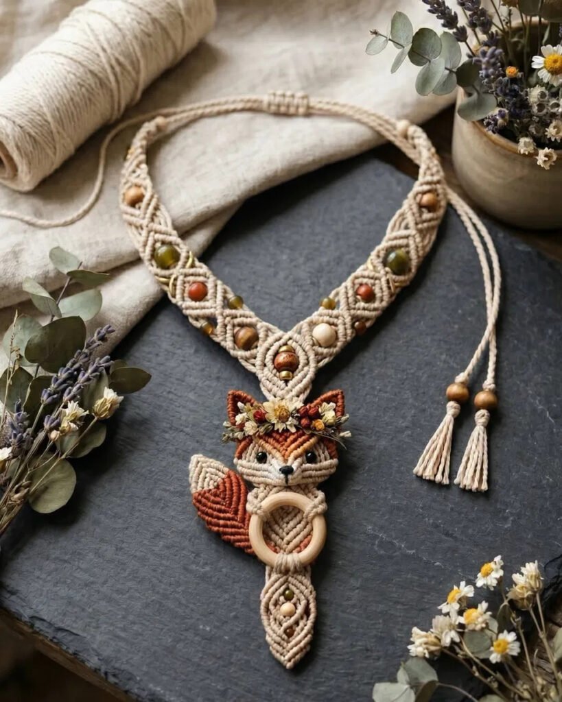 Finished woodland fox necklace macramé pattern with beaded collar and sculpted cavandoli fox pendant