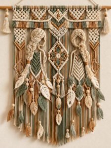 Braided sisters macramé pattern wall hanging in sage rust and cream