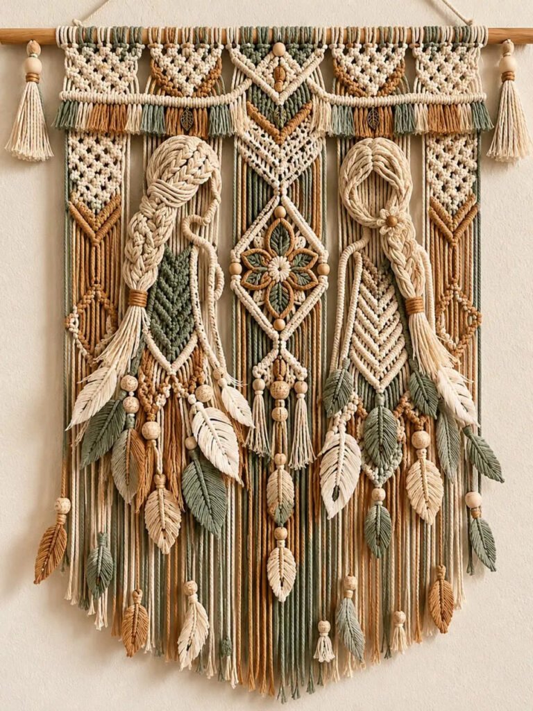 Braided sisters macramé pattern wall hanging in sage rust and cream