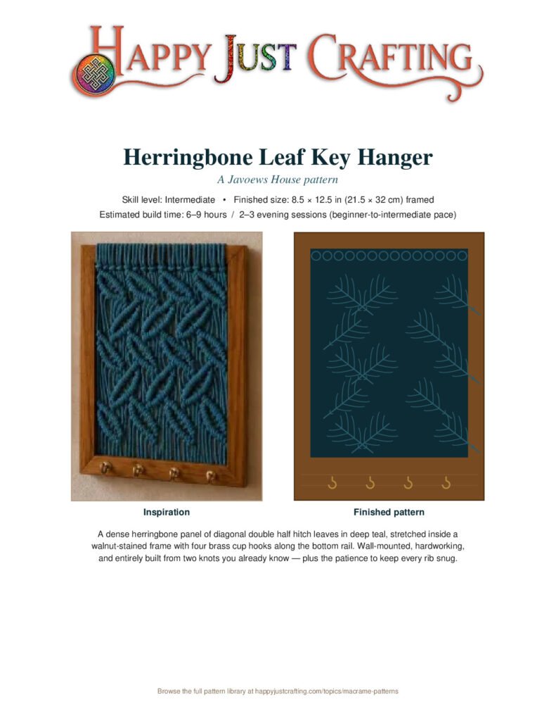 Finished herringbone leaf key hanger macramé pattern in teal inside walnut frame with brass hooks