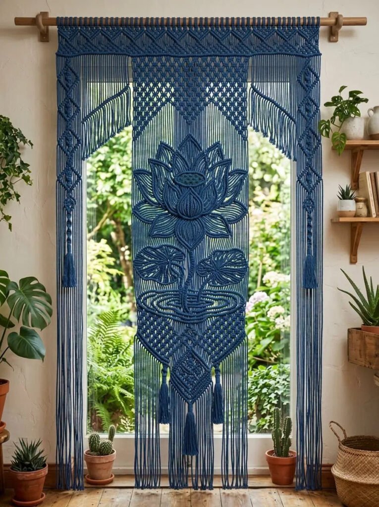 Indigo lotus curtain macramé pattern hanging in doorway with detailed medallion and long fringe