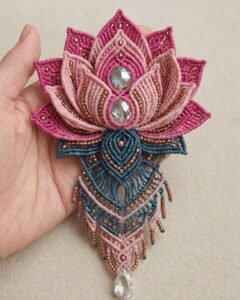 Finished beaded lotus macramé pattern with layered petals and crystal accents