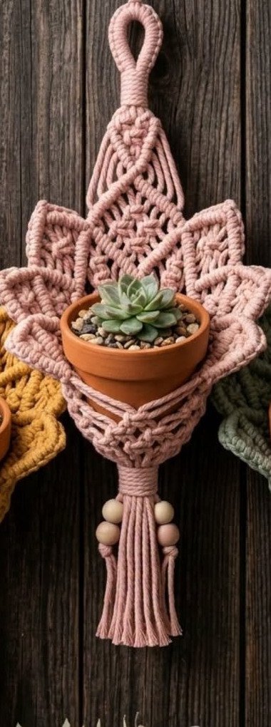 Finished lotus planter macramé pattern with layered petals and terracotta pot