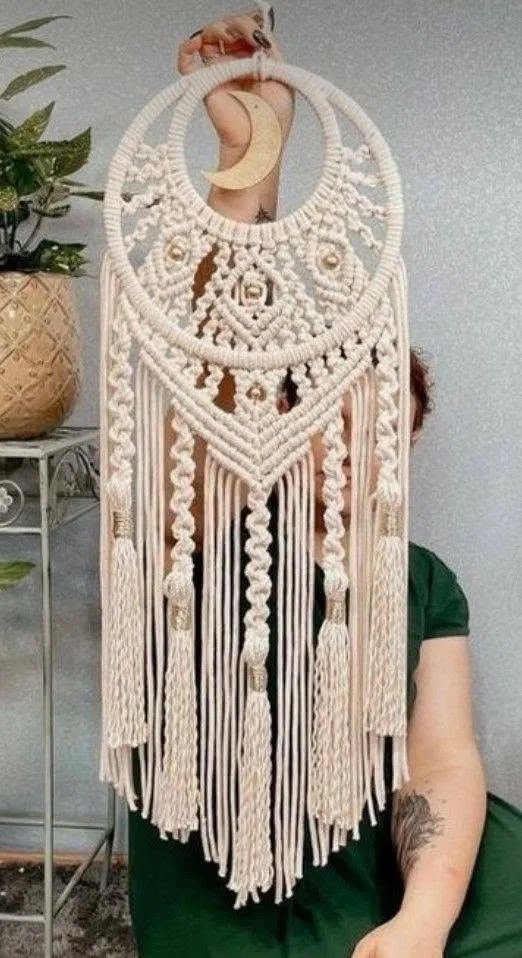 Finished crescent moon dreamcatcher macramé pattern with gold beads and fringe