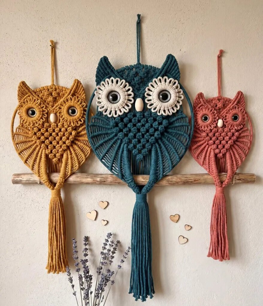 Three macramé owls in teal, mustard, and dusty rose mounted on a driftwood branch, showing the finished owl family trio macramé pattern.