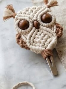 Finished boho owl macramé pattern hair clip in natural cotton with wooden bead eyes