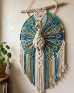 Finished peacock wall hanging macramé pattern with beaded feather rays on driftwood and hoop