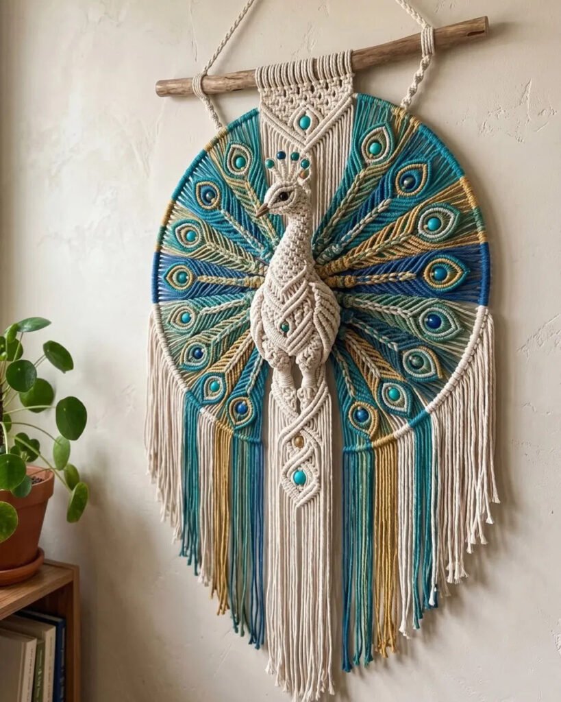 Finished peacock wall hanging macramé pattern with beaded feather rays on driftwood and hoop