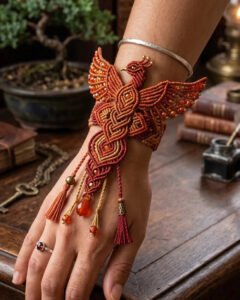 Finished phoenix wrist band macramé pattern showing beaded wings and carnelian drops