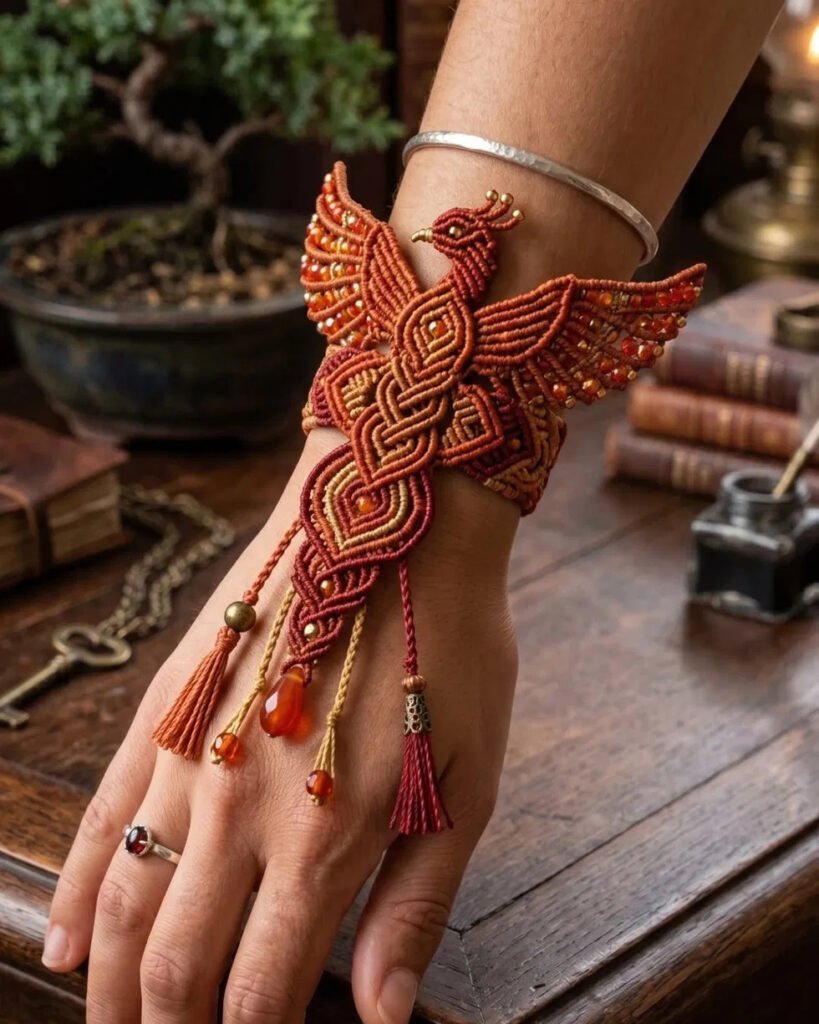 Finished phoenix wrist band macramé pattern showing beaded wings and carnelian drops
