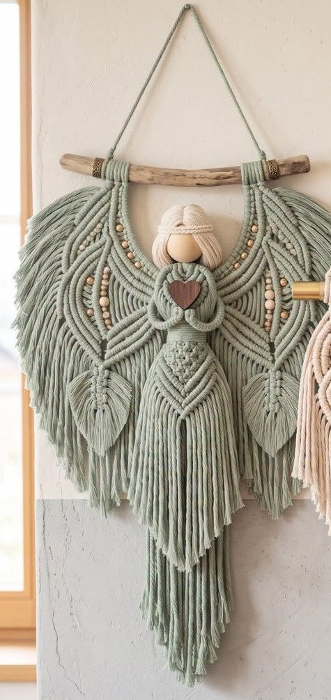 Sage green angel macramé wall hanging with feathered wings and driftwood