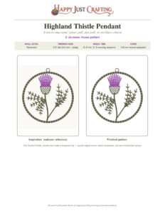 Finished Scottish thistle macramé pattern pendant with purple crown and olive leaf sprays