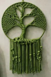 Finished tree of life macramé pattern hoop wall hanging in olive green