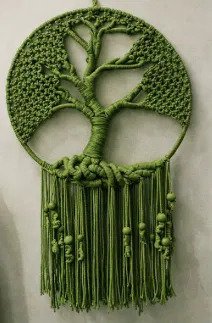 Finished tree of life macramé pattern hoop wall hanging in olive green
